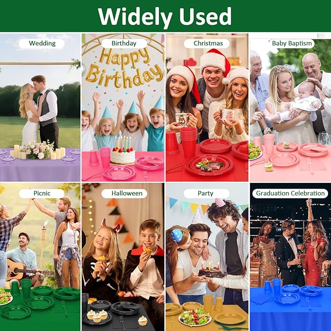 Green Plastic Plates for Party,30 Guest Disposable Plastic Plate Set 9" Plates,7" Dessert Plates,Napkins,12 oz Cups,Forks & Tablecloth for Birthday,Picnic,Christmas