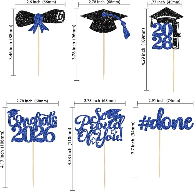 Gyufise 24Pcs 2026 Graduation Done Cupcake Toppers Blue Glitter Congrats Class of 2026 Diploma Grad Cap Cupcake Picks So Proud of You Cake Decorations for 2026 Graduation Theme Party Supplies