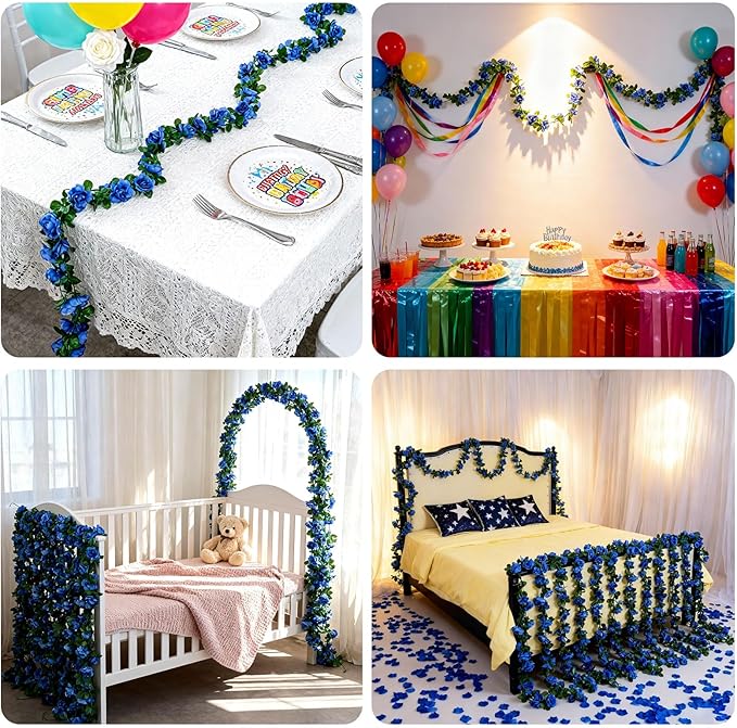 Miracliy 5Pcs 41FT Blue Flower Garland Artificial Rose Arch Vines Fake Spring Floral Garland for Flower Wall Backdrop Wedding Mothers Day Garden Tea Party Decoration