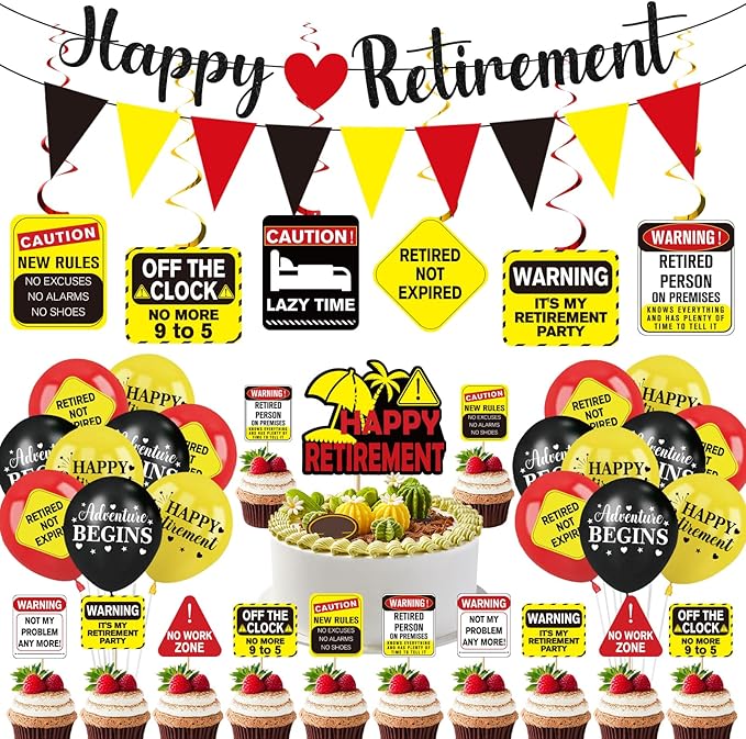 39pcs Funny Retirement Party Decorations for Men Women, Vintage Caution Happy Retirement Banner Balloons Hanging Swirls Pennants Cake Cupcake Toppers Funny Retired Party Supplies for Farewell