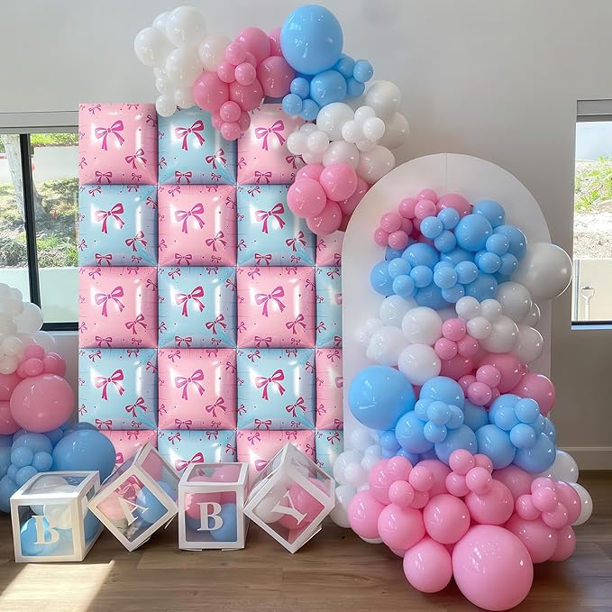 Pink and Blue Foil Balloon Wall Square, 19 Inch 25PCS Bow Print Double Sided Baby Blue Pastel Pink Balloon Backdrop Tunnel Arch Kit for Baby Shower Gender Reveal Birthday Bridal Party Decor