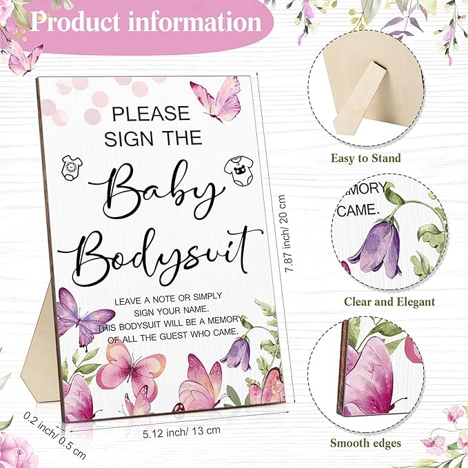 Qunclay 12 Pcs Baby Shower Game Decor with White Unisex Bodysuit Wooden Sign Tabletop Decor and Marker for Guests(Butterfly)
