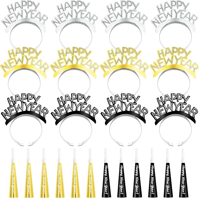 Shappy 24 Pcs 2026 New Year Party Supplies Happy New Year Headband Horn Sounder Noisemakers Eve Party Decorations