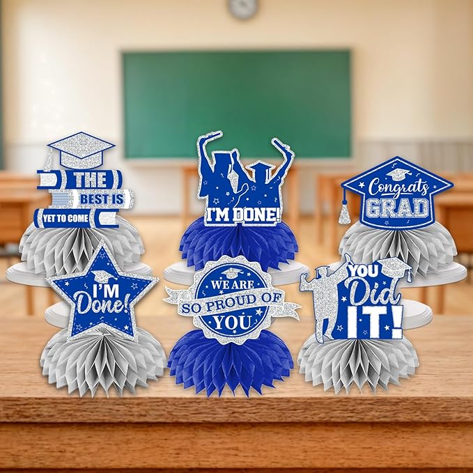 12pcs Graduation Table Decorations 2026,Silver and Blue Graduation Decorations 2026 Graduation Centerpieces for Tables,Class of 2026 Centerpieces Honeycomb for Congrats Grad Table Decor