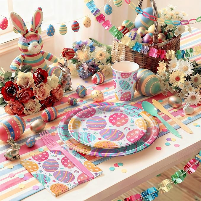 168PCS Easter Day Party Supplies Colorful Eggs Pattern Party Decorations Easter Dinnerware with Paper Plates Napkins Cups Forks for Spring Holiday Celebrations Picnic Favors Serves 24