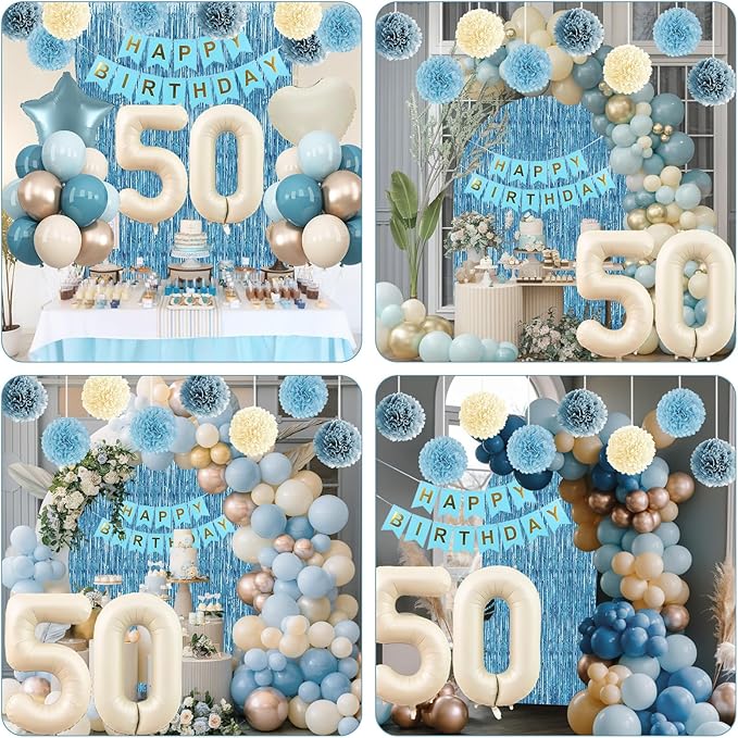 Dusty Blue 50th Birthday Party Decorations for Women Men Beige Cream Number 50 Balloon with Blue Gold Happy Birthday Banner Fringe Curtain Paper Pom Poms Nude White Sand Champagne Star Foil Balloons