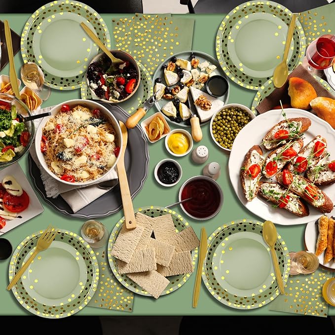 350pcs Sage Green Paper Plates and Napkins Set, Disposable Sage Green and Gold Polka Dot Party Plates Cups For Baby Shower Birthday Wedding Party Supplies and Decorations, Serve 50