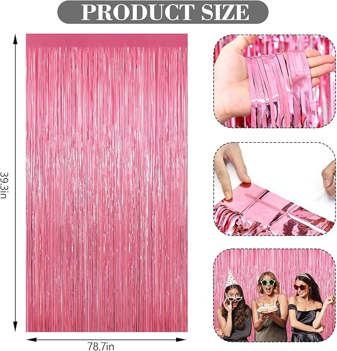 2 Pack Pink Foil Fringe Curtains, 3.3ft x 6.6ft Streamer Foil Curtain, Tinsel Backdrop for Birthday Party, Christmas Decor, Wedding Engagement Baby Shower Bachelorette Party Decorations