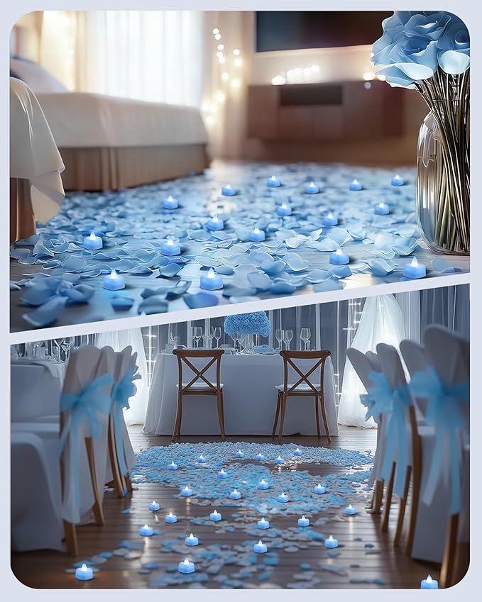 Amagic 1000 Pieces Light Blue Artificial Rose Petals with 12 Light Blue LED Tea Lights, Rose Petals and Candles Set for Proposal, Anniversary, Romantic Night, Wedding Decor
