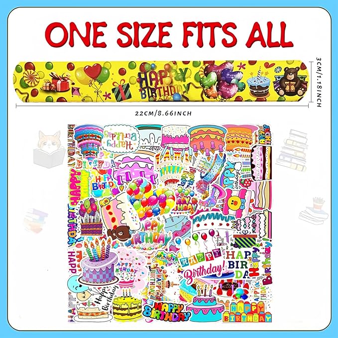 74PCS Happy Birthday Slap Bracelets&Stickers Birthday Theme 24PCS Slap Bracelets 50PCS Stickers Party Favors Basket Bag Filler School Prizes Gifts Party Favors Bulk