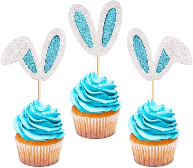 Ercadio 24 Pack Easter Bunny Ear Cupcake Toppers Glitter Blue White Rabbit Ears Cupcake Picks Easter Bunny Cupcake Toppers Rabbit Cake Toppers for Kids Boys Birthday Baby Shower Party Supplies