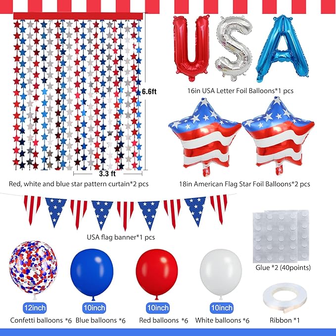 Red White and Blue Balloons Party Decorations with Patriotic Theme Foil Fringe Curtain for Graduation Party Supplies Nautical Veterans Memorial Day 4th of July Balloon Arch Decorations