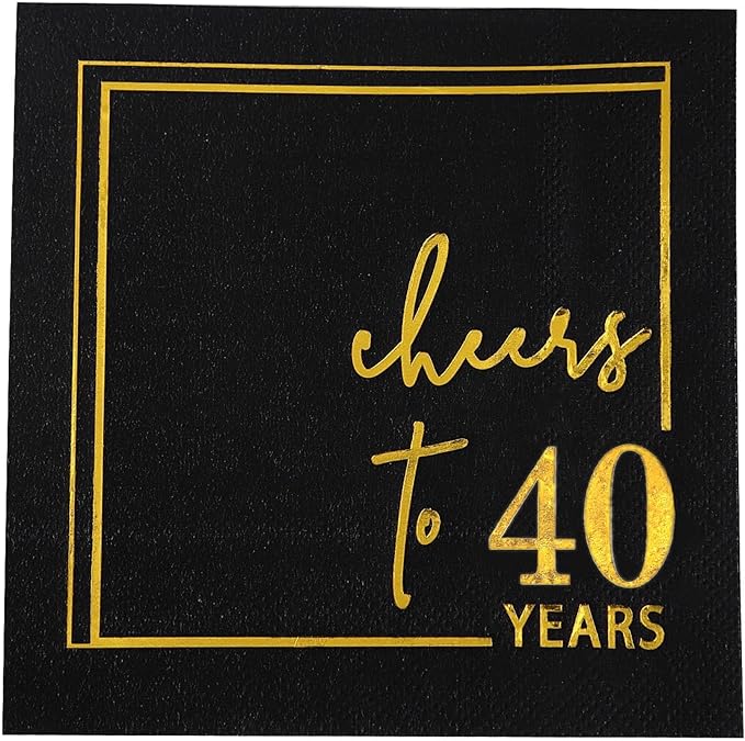 Cheers to Years Cocktail Napkins - 50PK - 3-Ply Birthday Napkins 5x5 Inches Disposable Party Napkins Paper Beverage Napkins for Birthday Decorations Wedding Anniversary Black and Gold (40 Years)