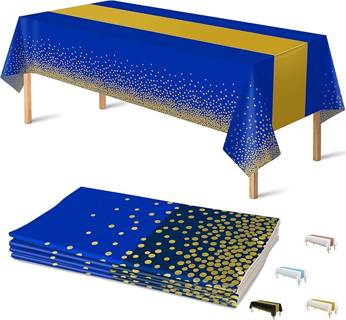OHOME 4 Pack Disposable Plastic Table Cloths for Parties,Royal Blue and Gold Rectangle Table Covers for Graduation Wedding Birthday Fathers Day Decorations | Christmas Decorations 54" x 108"