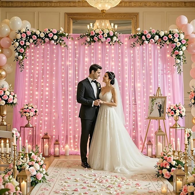 10ft×12ft Pink Tulle Backdrop Curtains with Lights String for Parites Pink Sheer Backdrop Curtains for Baby Shower Girls Birthday Party Wedding Bridal Shower Photo Shoot Background 2 Panels 5×12ft