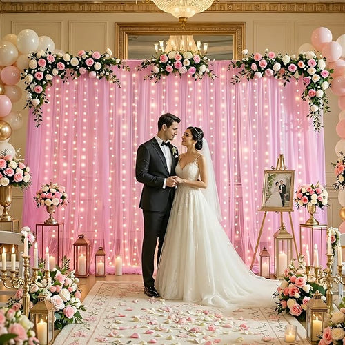 10ft×12ft Pink Tulle Backdrop Curtains with Lights String for Parites Pink Sheer Backdrop Curtains for Baby Shower Girls Birthday Party Wedding Bridal Shower Photo Shoot Background 2 Panels 5×12ft