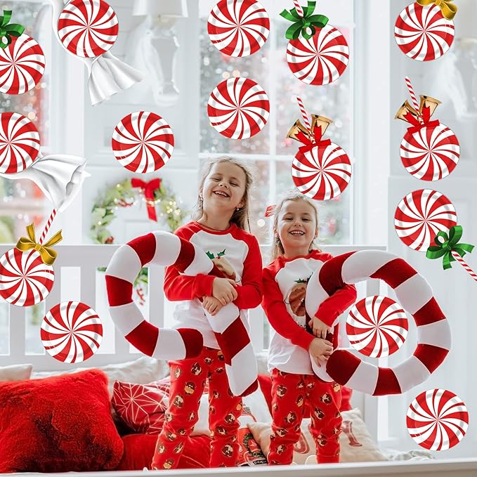 Wiooffen 80Pcs Christmas Peppermint Candy Paper Plates Party Supplies Decorations Candy Mint for Happy New Year Holiday Xmas Peppermint Party Supplies Red and White Striped Disposable Paper Tableware