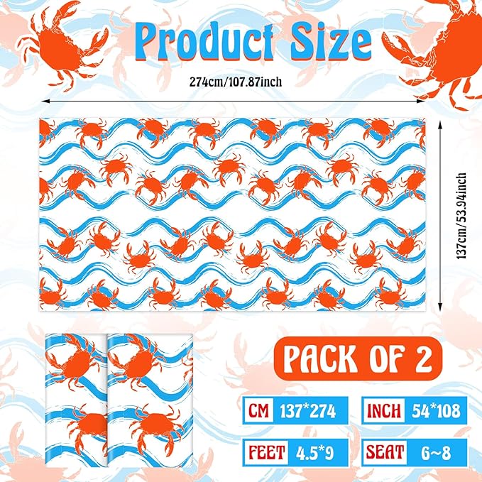 Juexica 2 Pcs 54 x 108 Inch Crab Boil Party Table Cloth Summer Seafood Party Supplies Plastic Crab Tablecover Decorations Rectangular for Sea Animals Dining Kitchen Centerpiece (Blue Waves Style)