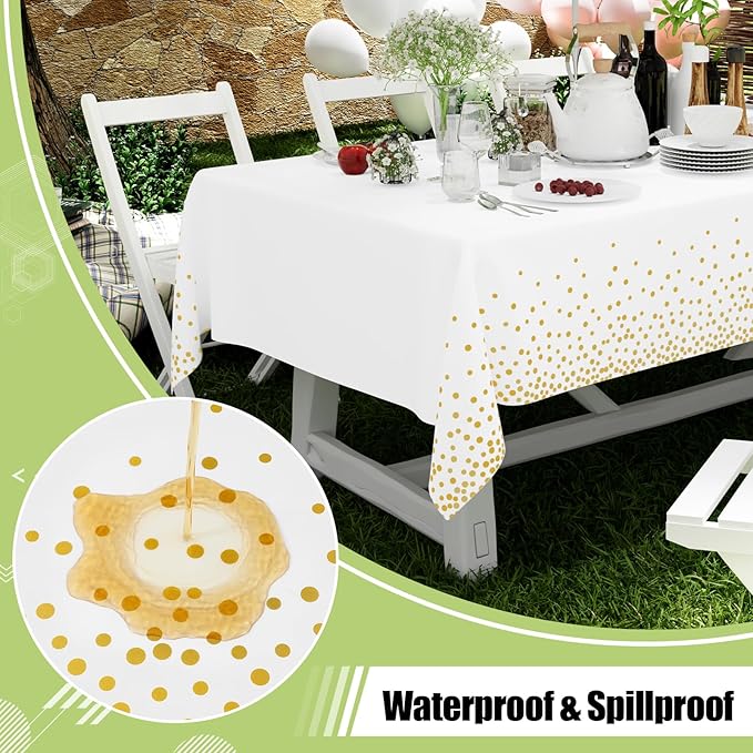 Smiry Disposable Table Cloth - 10 Pack, 54 x 108 Inch Waterproof Rectangle Tablecloths for New Years, Decorative Plastic Table Cover, Leakproof & Sturdy, White & Gold