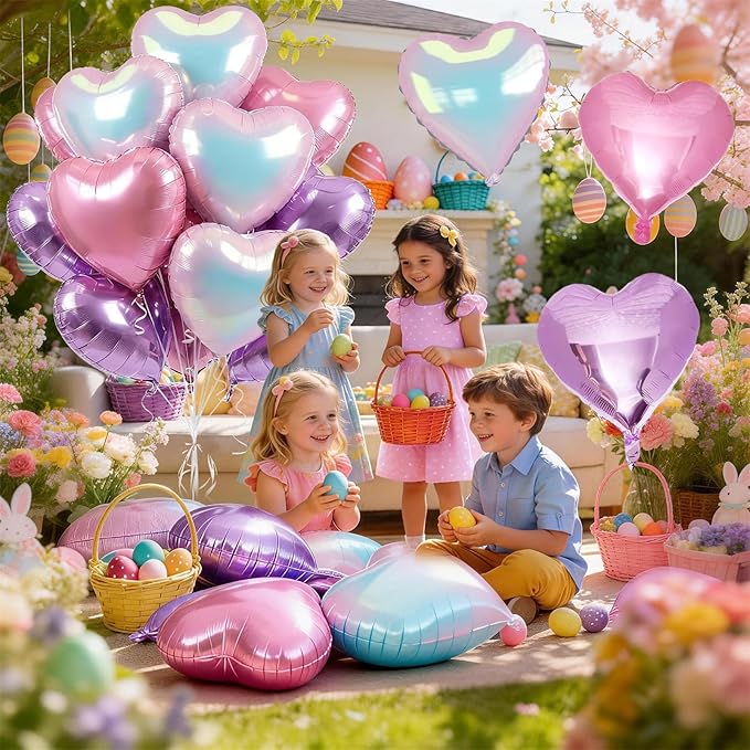 Pink Purple Iridescent Heart Balloons, 12 Pcs Light Pastel Pink Lavender and Transparent Crystal Heart Shape Foil Balloon for Princess Birthday Baby Shower Bachelorette Easter Mother’s Day Music Party