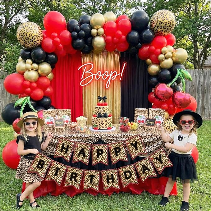 120Pcs Red Black Gold Balloon Garland Arch Kit with Leopard Print Balloons, Cherry Foil Balloons, Happy Birthday Banner for Girl Night Bachelorette Glamour Party Casino Birthday Party Decoration