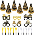 hoyuwak 24 PCS New Years Eve Party Supplies for 6 Guests Happy New Years Party Favors Decorations Including 6 Top Hat 6 Black Gold Glasses 12 Blowouts