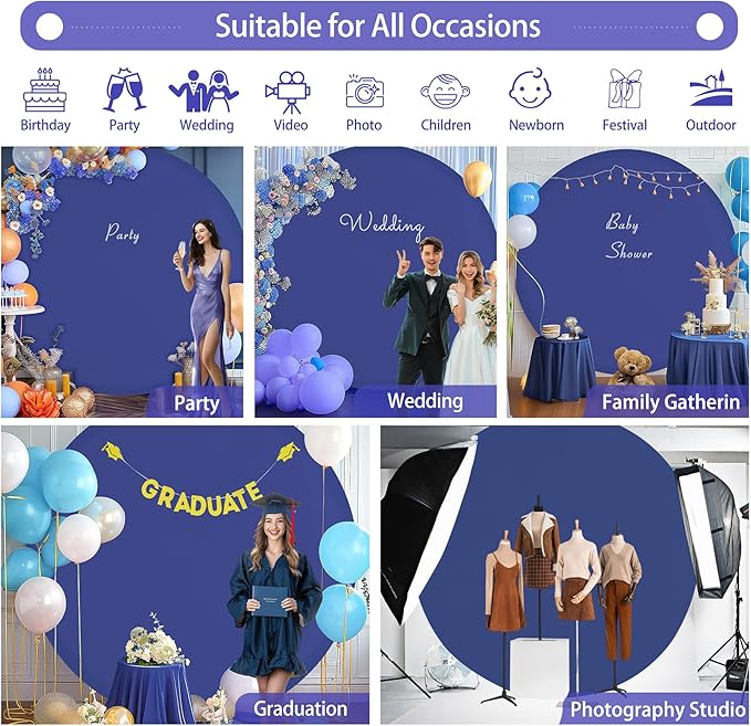 GALLETY Navy Blue 7.2FT Round Backdrop Cover for 5-7.2ft Circle Stand - Adjustable, Polyester, Wrinkle-Resistant, Ideal for Weddings, Parties, Photography, Home Decoration