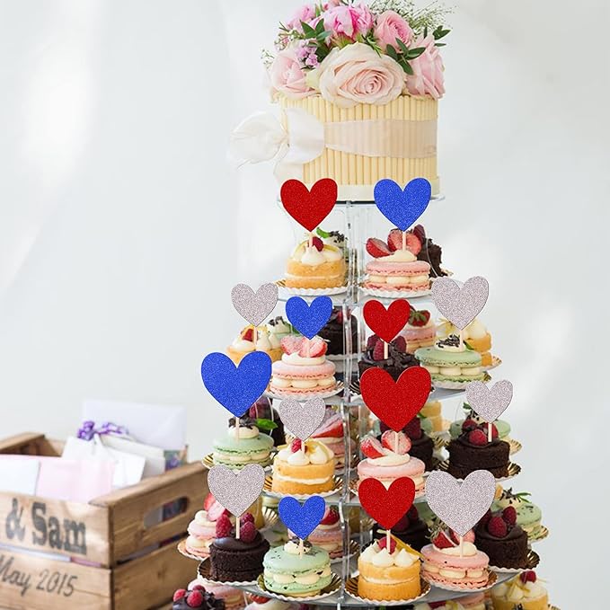 30 PCS Love Heart Cupcake Toppers Glitter Sweet Love Cupcake Picks Wedding Engagement Bridal Shower Cake Decorations for Valentine's Day Baby Shower Birthday Party Supplies Blue Red Silver