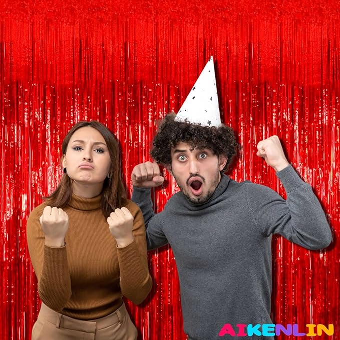 4 Pack 3.2Ft x 8.2Ft Red Foil Fringe Curtain Backdrop, Metallic Tinsel Foil Fringe Streamers Curtains Background for Photo Booth, Birthday, Wedding, Disco, Bachelorette, Christmas Party Decoration