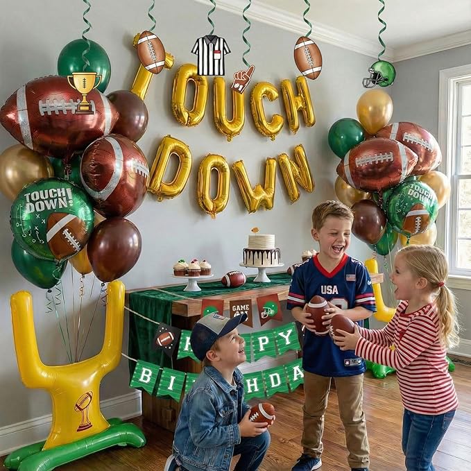 Football Party Decorations Kit & Green Brown Gold Balloons & Goal Post Touchdown Foil Balloons & Banner Backdrop for Boys & Men Sports Theme Major Tailgating Season Celebration Supplies Decorations