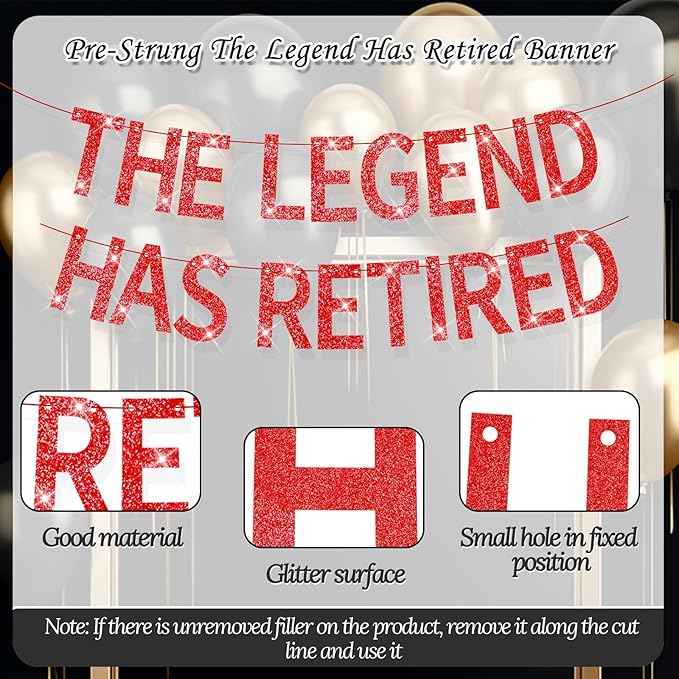 The Legend Has Retired Banner Red Glitter Pre Strung No DIY Retirement Banner Decorations for Men Women Retirement Party Supplies(Red)