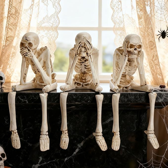 Skeletons for Halloween, 3 PCS See Hear Speak No Evil Statues, Realistic Skeleton Figurines, Halloween Mantel Decor, Skeleton Decorations Indoor Outdoor