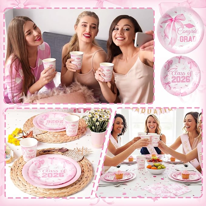 Hsei 250 Pcs Pink Graduation Disposable Plates and Napkins Bow Congrats Grad Disposable Tableware Set for 50 Guests Pink Paper Plates Napkins Cups for Girls Nurses Graduation Party Supplies