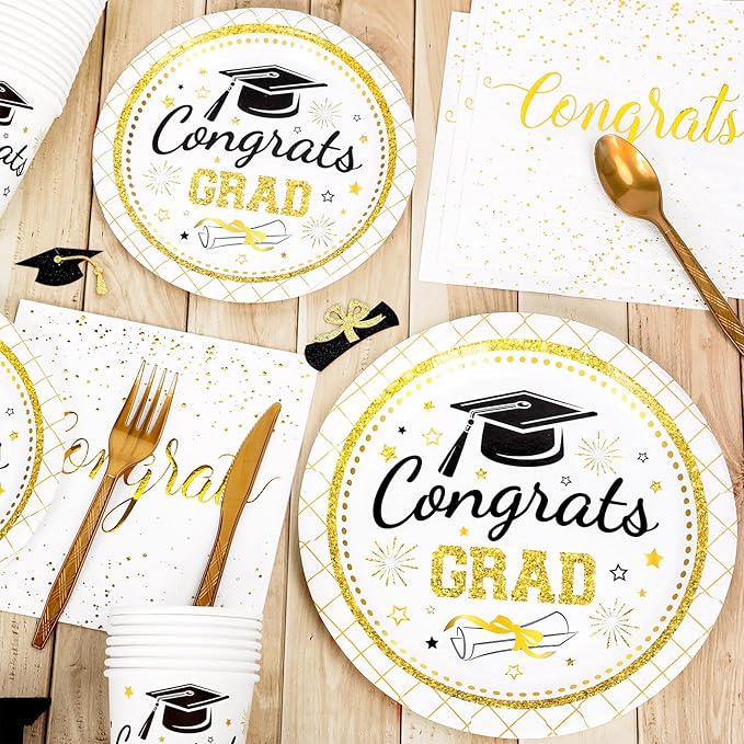 Whaline 175 Pcs Graduation Party Supplies, Paper Plates and Napkins Set, 25 Guests Gold Congrats Grad Disposable Tableware Include Plate Napkin Cup and Cutlery for Party Table Decor