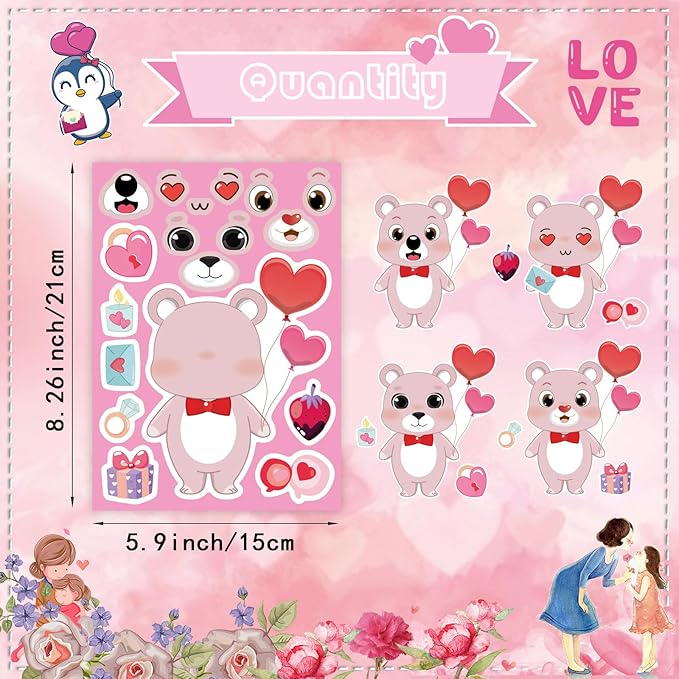 32 Sheets Valentine Stickers for Kids, Valentines Crafts Heart Love Sticker Make a Face Stickers, Make Your Own Animal Stickers Valentines Gifts for Kids Classroom Valentine Goodie Bags Party Favors