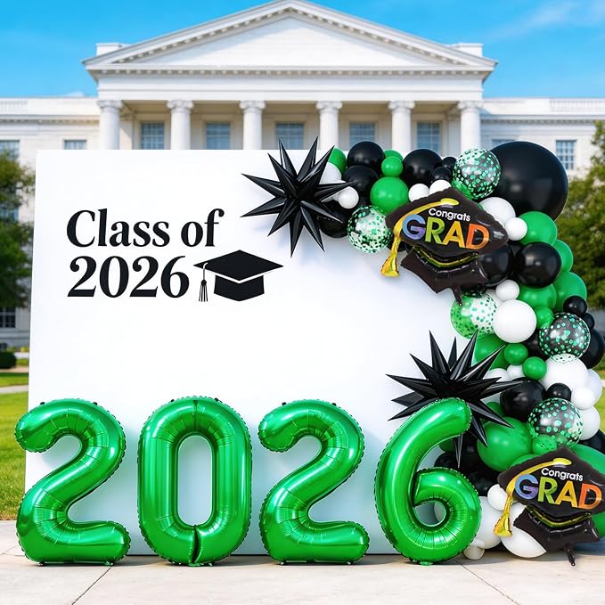 Graduation Balloons Garland Arch Kit, Graduation Balloon Class of 2026, Green and Black White Balloons with Foil Balloon for Class of 2026 Party Decor