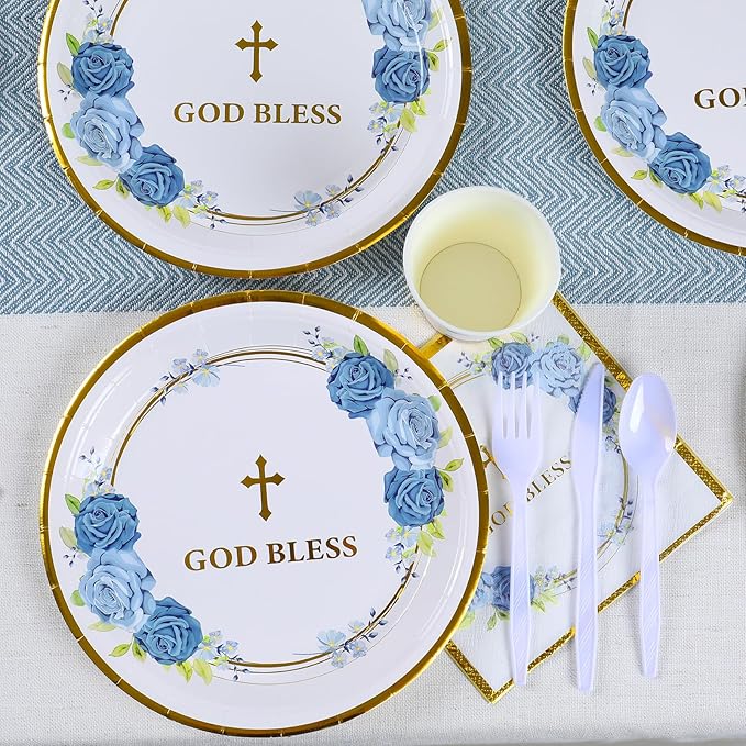 Religious Party Plates for 24 Guests - Baptism, First Communion, Confirmation (Blue)