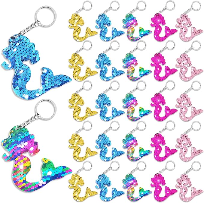 CiciBear 25 Pack Mermaid Double-Deck Flip Sequin Keychains for Sea Themed Party Favors, Birthday,Carnival,Goodie Bag Stuffers, Anniversary,5 Colors