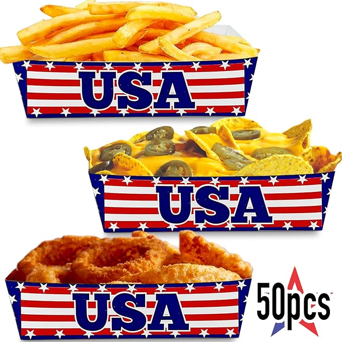 American Flag Paper Food Trays | (50 Pcs) Disposable USA Flag Concession Snack Tray | Patriotic Baskets for Nachos, Chips, Candy | 4th of July Party Decorations | Red, White and Blue Boat