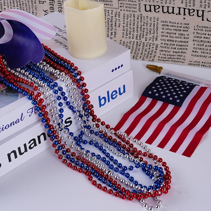 HOOSUN 4th of July Beads Necklaces,30 Pcs Patriotic Beads Necklaces Fourth of July Decorations Party Favors,Red Silver and Blue Accessories Beads for Memorial Day Decorations,Party Decor Supplies
