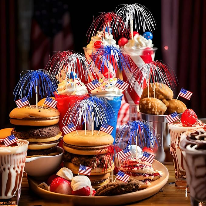 200Pcs 4th of July Cupcake Toppers, Patriotic Firework Cocktail Picks Independence Day American Flags Toothpicks Fruit Skewers for 4th of July Party Drinks Red White and Blue Decorations