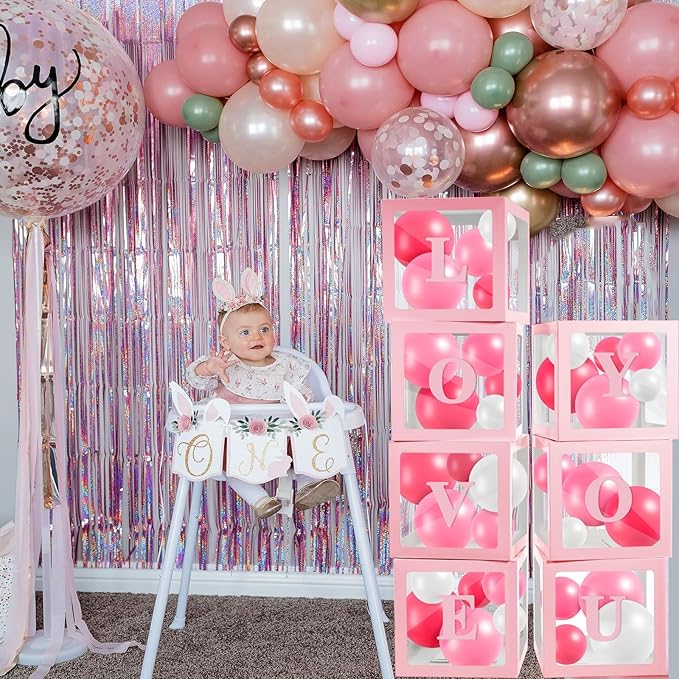 Ledido Transparent Balloon Boxes With 78 Letters Numbers, Pink Baby Boxes with Letters for Baby Shower Clear Letter Boxes for Party Wedding Birthday Baby Shower Graduation Decorations 7 PCS