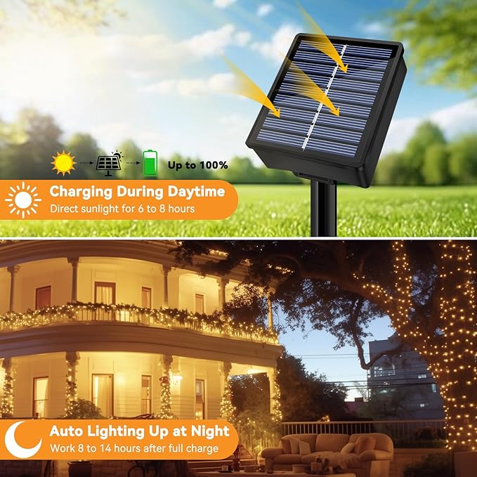 Solar String Lights Outdoor Waterproof 33ft 100LED 8 Modes Twinkle Lights Solar Fairy Lights for Patio, Garden Yard Party Wedding Tree Christmas Halloween Decoration, Warm White