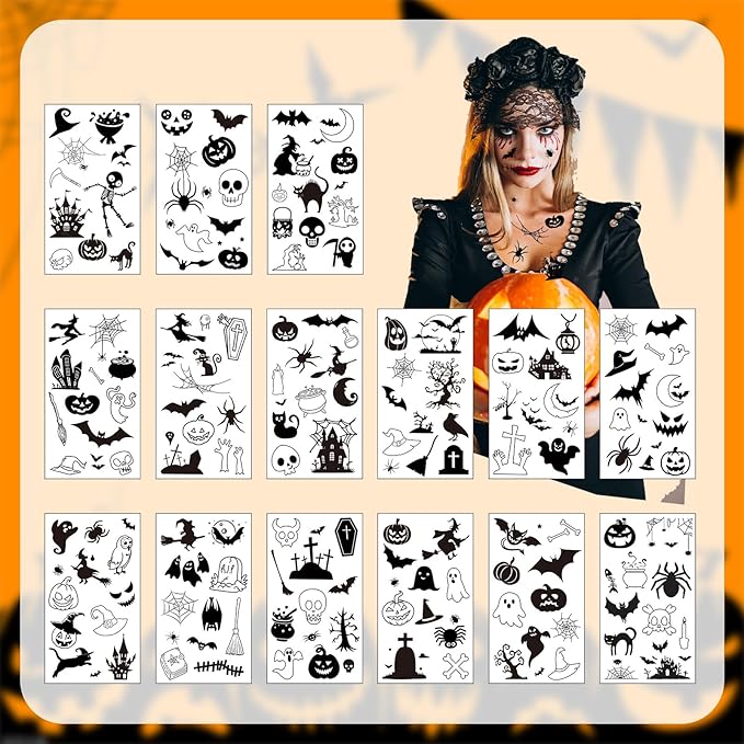 XZENTIRA 182 PCS Halloween Waterproof Temporary Tattoo Stickers 15 Sheets Bat Spider Fake Tattoos for Adults and Halloween Decorations, Trick or Treat Gifts and Makeup Decorations