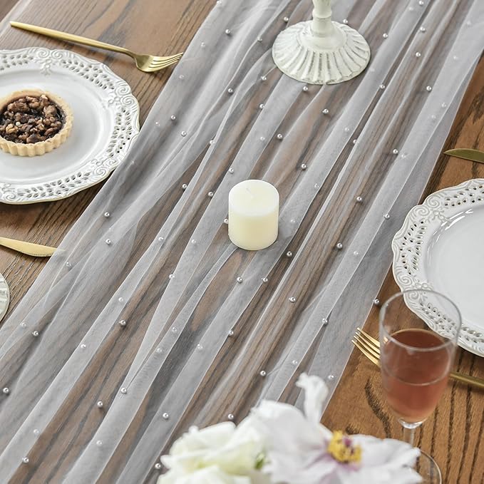 Artoid Mode 6PCS Pearl Grey Gauze Table Runner 120 Inch 10FT, Seasonal Sheer Dining Holiday Wedding Birthday Baby Shower Table Decor for Home Party