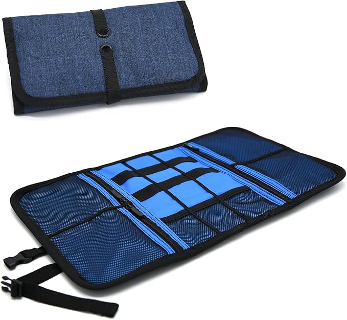 Patu Roll Up Electronics Accessories Travel Gear Organizer Case, Portable Universal External Batteries Hard Drives Cables Cosmetics Kit Bag, Navy