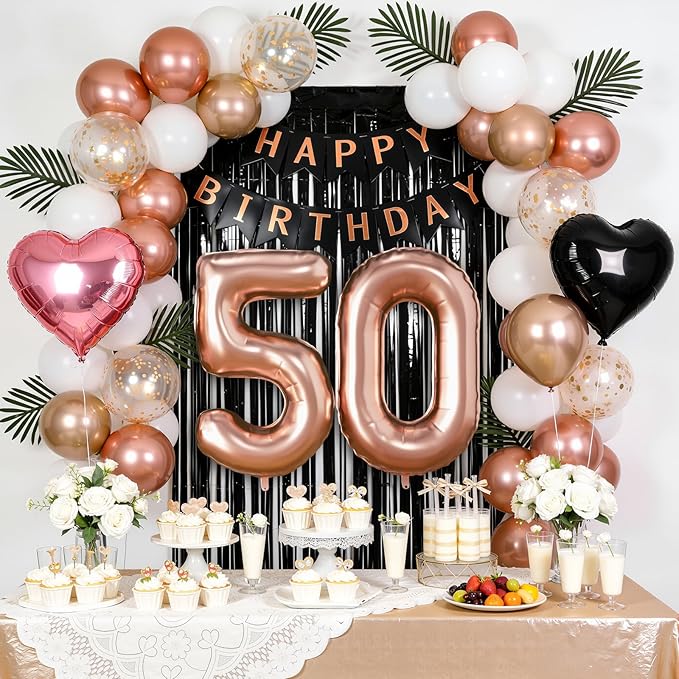 50th Birthday Decorations for Women - Rose Gold, Black and Hot Pink Party Supplies Set with Happy 50th Banner, Number 50 Balloons and Foil Fringe Curtains - 50 Year Old Celebration Kit