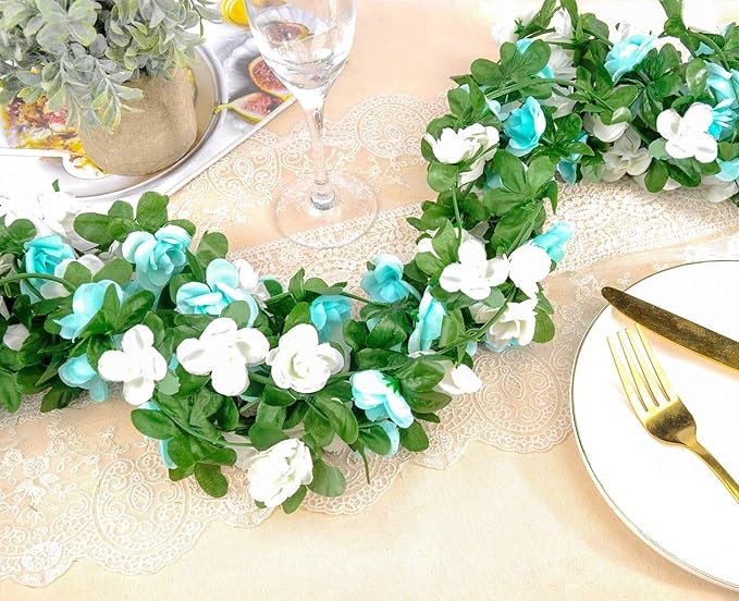 Miracliy 8Pcs 66FT Blue Flower Garland, Artificial Rose Floral Vines Fake Hanging Spring Flower Garland for Wall Backdrop Wedding Arch Tea Party Door Mantle Decoration (Each Pcs 8.2FT)
