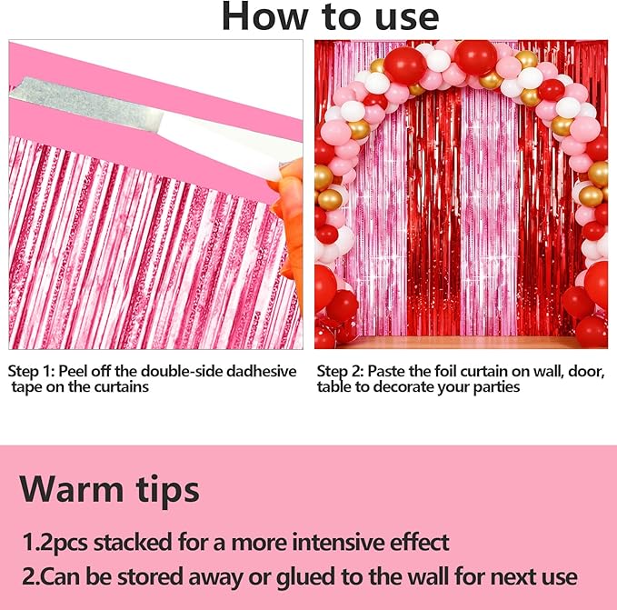 4 Packs Pink and Red Foil Fringe Curtain, Pink Red Metallic Tinsel Backdrop for Birthday, Baby Shower, Princess Bachelorette Party, Valentines Party Decorations Supplies