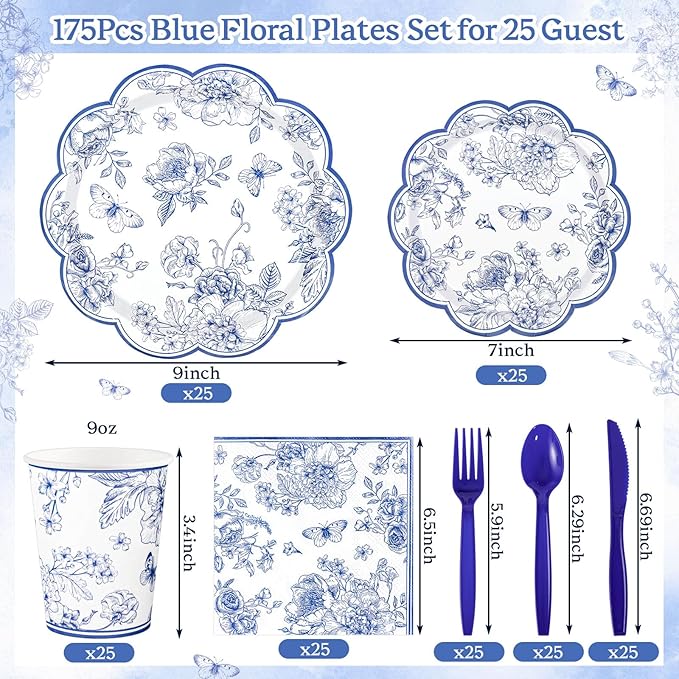 175 Pcs Blue Floral Plates and Napkins, 25 Guest Scalloped Chinoiserie Blue White Florals Party Supplies Includes Toile Plates, Napkins, Cups & Plastic Cutlery for Tea & Garden Party
